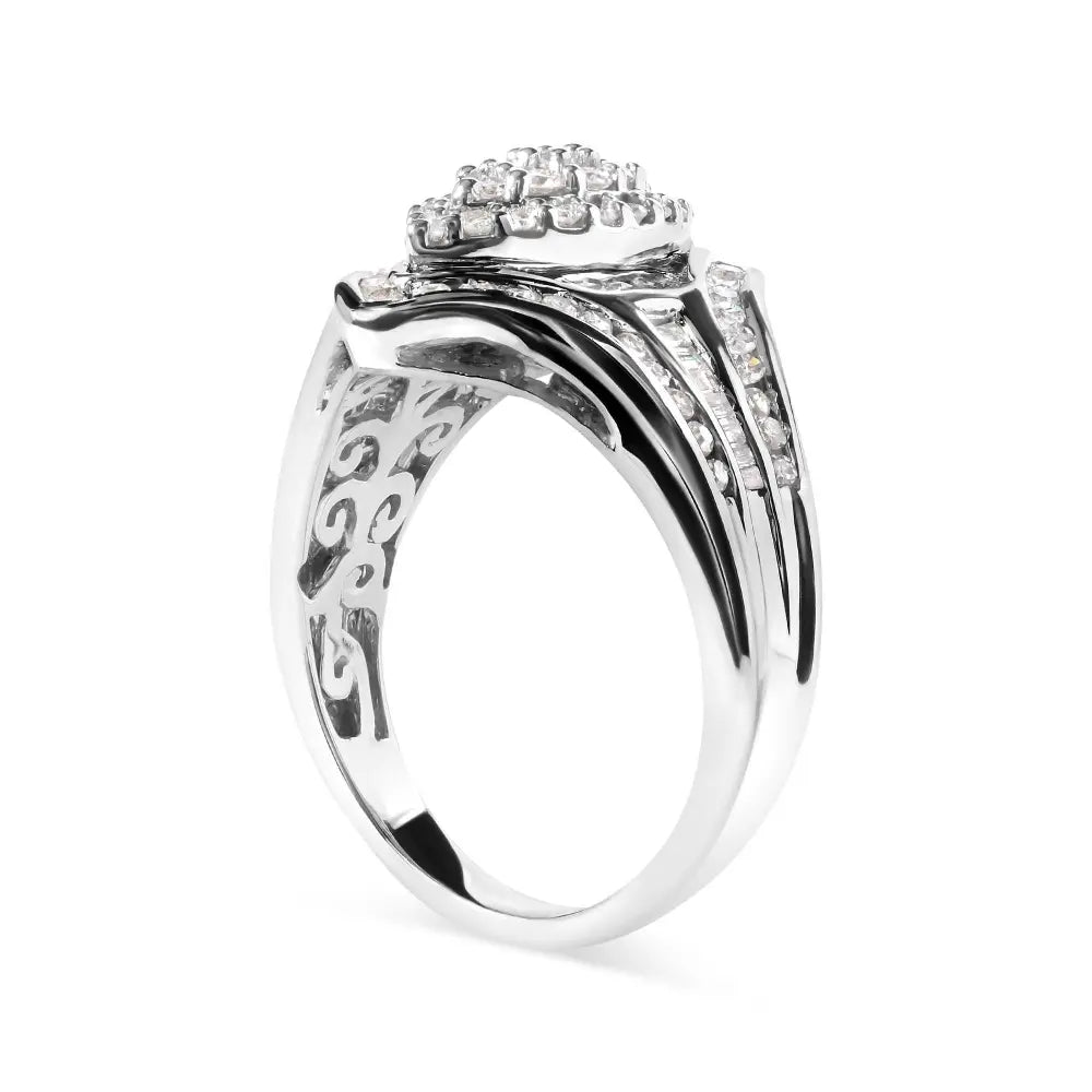 14K White Gold 3/4 Cttw Round and Baguette cut Diamond Cluster Ring (H-I Color, I1-I2 Clarity) - Bijoux-NYC Direct