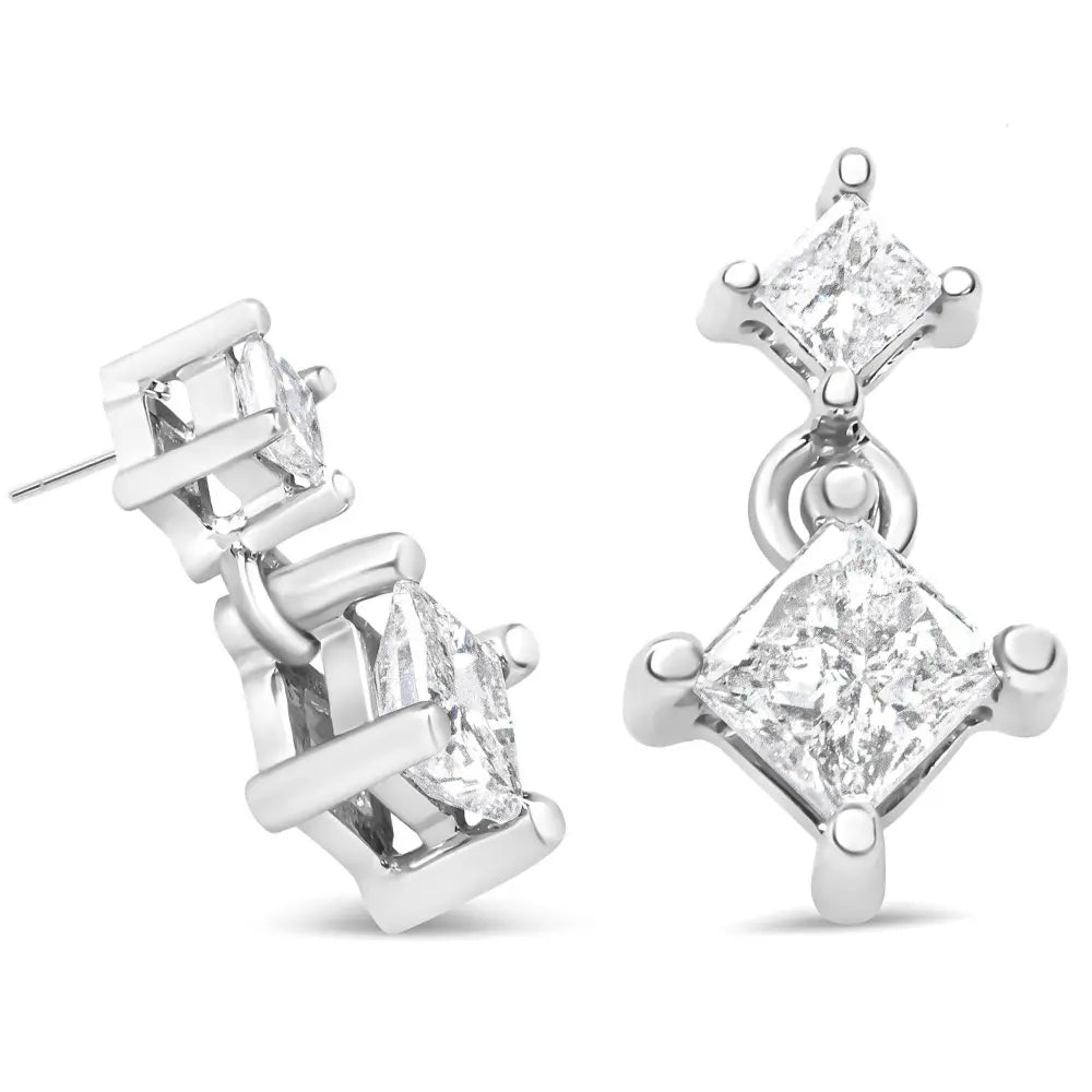 14K White Gold 3/8 Cttw Princess-Cut Diamond Double Dangle 2 Stone Stud Drop Earrings for Women (I-J Color, I2-I3 Clarity) - Bijoux-NYC Direct