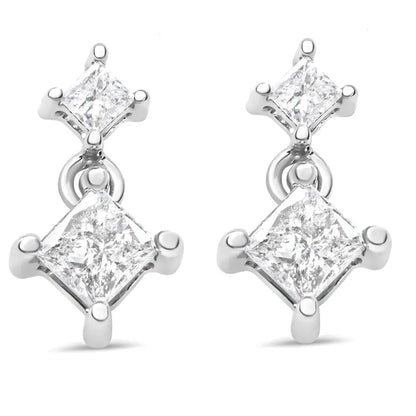 14K White Gold 3/8 Cttw Princess-Cut Diamond Double Dangle 2 Stone Stud Drop Earrings for Women (I-J Color, I2-I3 Clarity) - Bijoux-NYC Direct