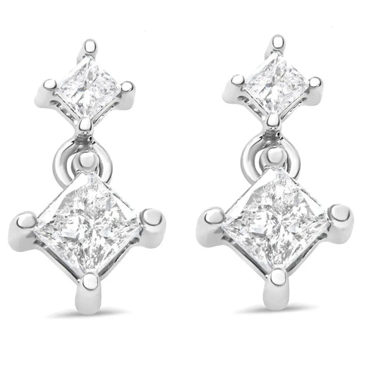 14K White Gold 3/8 Cttw Princess-Cut Diamond Double Dangle 2 Stone Stud Drop Earrings for Women (I-J Color, I2-I3 Clarity) - Bijoux-NYC Direct