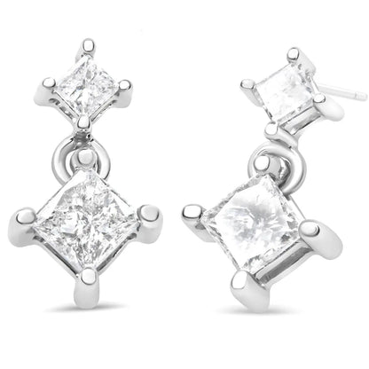 14K White Gold 3/8 Cttw Princess-Cut Diamond Double Dangle 2 Stone Stud Drop Earrings for Women (I-J Color, I2-I3 Clarity) - Bijoux-NYC Direct