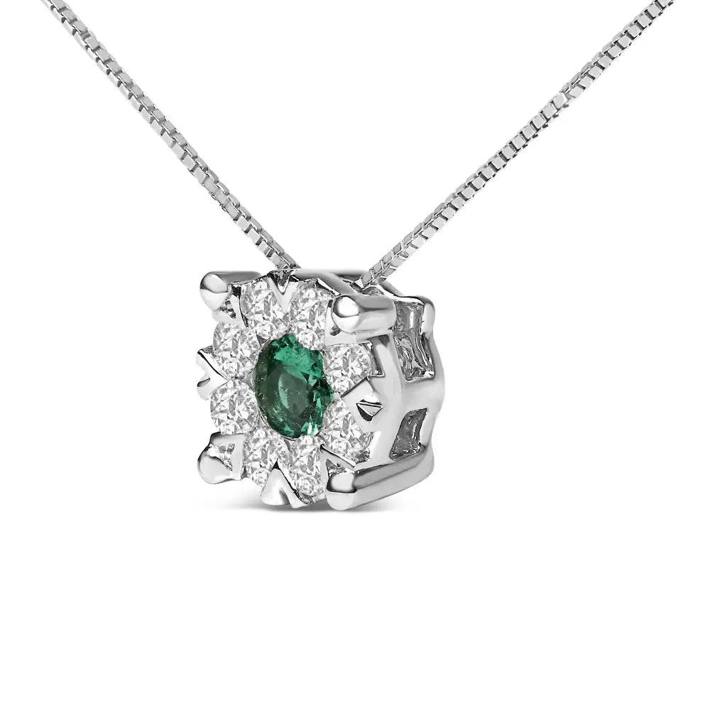 14k white gold 3.8mm emerald and 1/3 cttw diamond halo pendant necklace bijoux-nyc direct