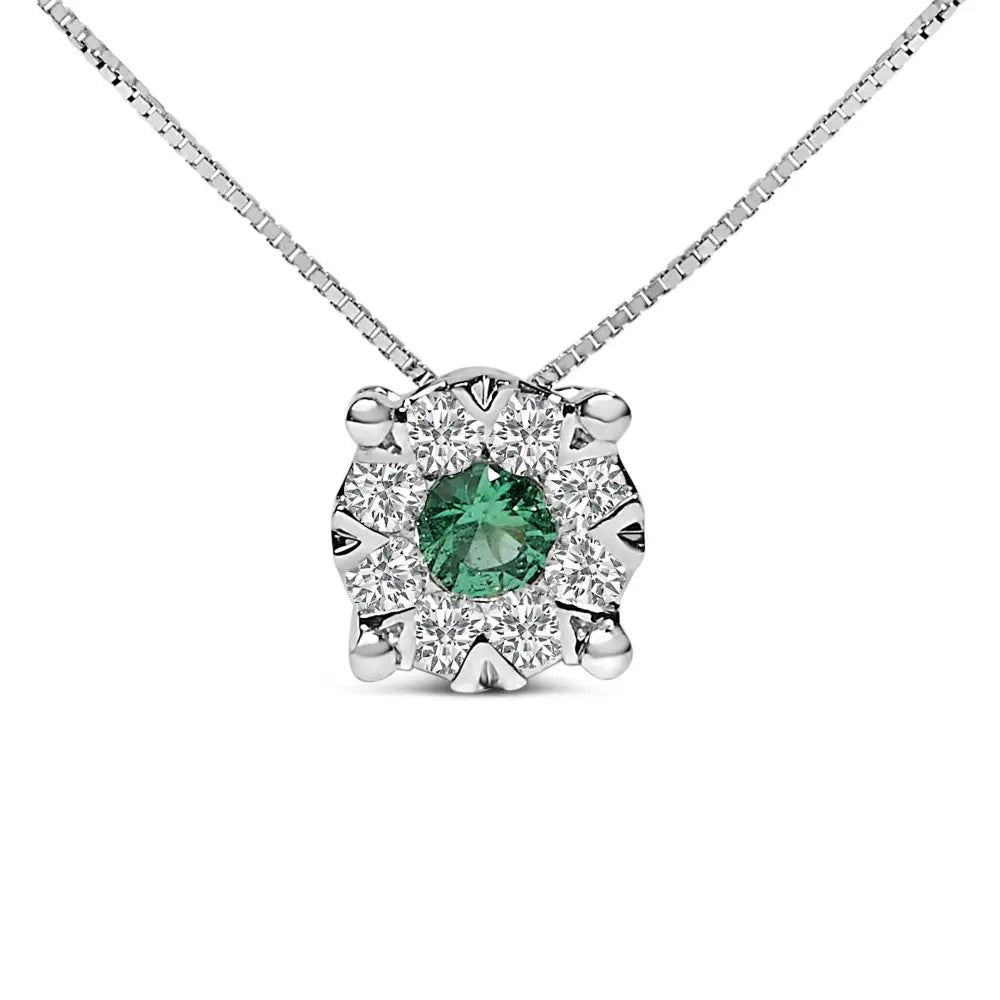 14k white gold 3.8 mm green emerald and 1/3 cttw diamond composite halo 18’’ pendant necklace (f g color vs2 si1 clarity)