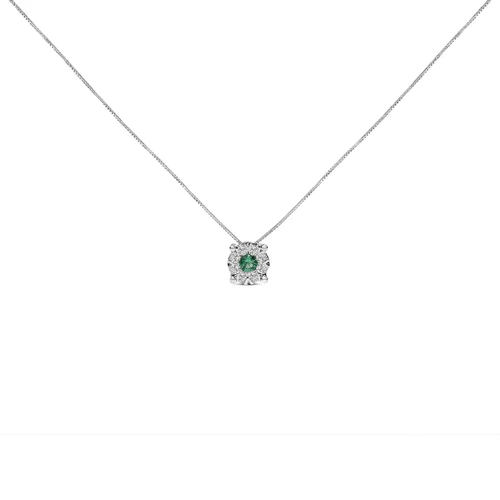 14k white gold 3.8 mm green emerald and 1/3 cttw diamond composite halo 18’’ pendant necklace (f g color vs2 si1 clarity)
