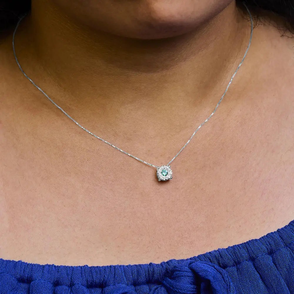 14k white gold 3.8mm emerald and 1/3 cttw diamond halo pendant necklace bijoux-nyc direct