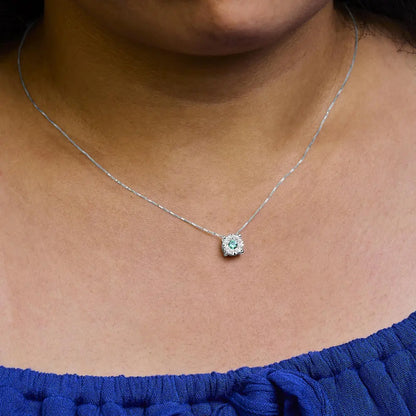 14k white gold 3.8 mm green emerald and 1/3 cttw diamond composite halo 18’’ pendant necklace (f g color vs2 si1 clarity)