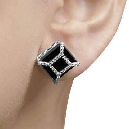 14K White Gold 3/8ct Diamond with 11x11MM Black Onyx Stud Earrings (G-H Color, SI1-SI2 Clarity) - Bijoux-NYC Direct