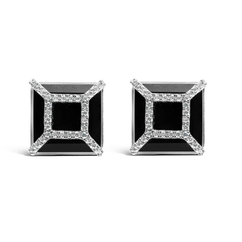 14k white gold 11mm cushion black onyx and 3/8ct diamond halo studs bijoux-nyc direct