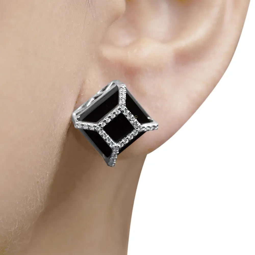 14k white gold 11mm cushion black onyx and 3/8ct diamond halo studs bijoux-nyc direct