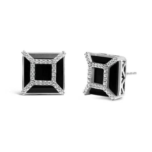 14K White Gold 3/8ct Diamond with 11x11MM Black Onyx Stud Earrings (G-H Color, SI1-SI2 Clarity) - Bijoux-NYC Direct