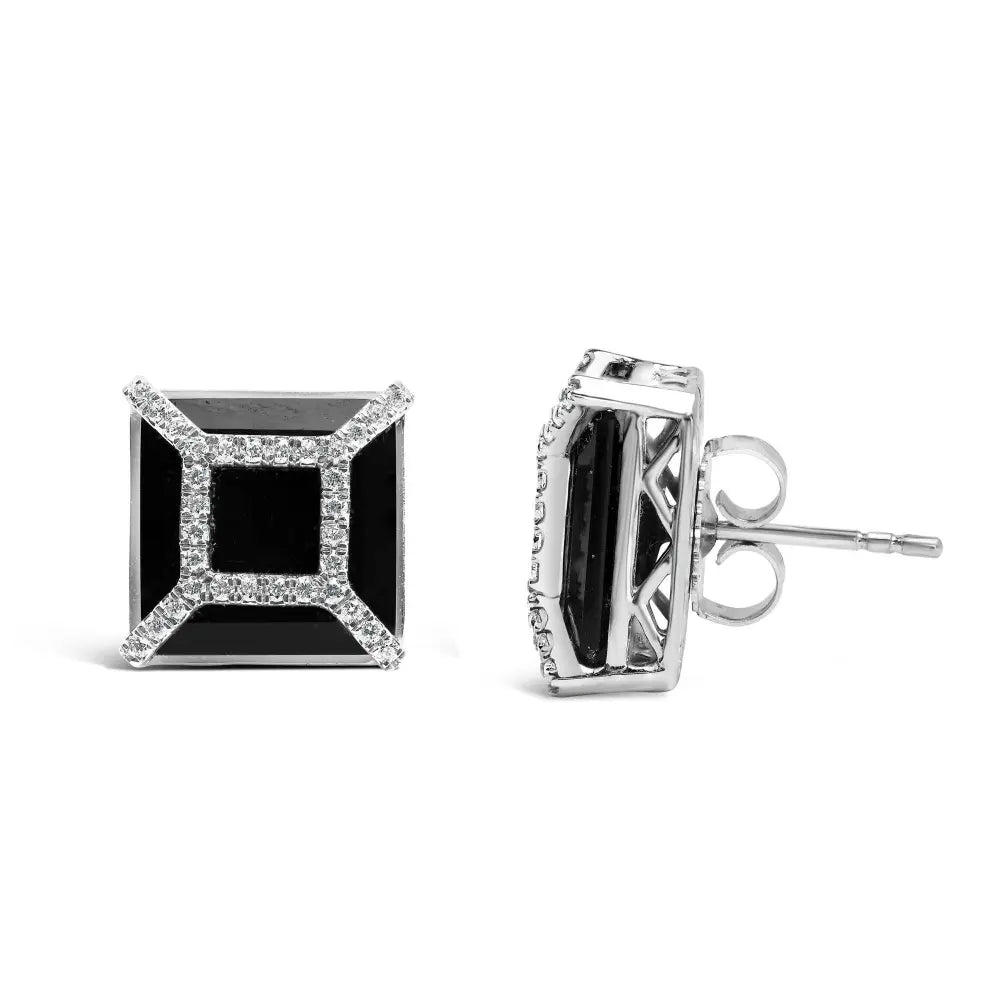 14K White Gold 3/8ct Diamond with 11x11MM Black Onyx Stud Earrings (G-H Color, SI1-SI2 Clarity) - Bijoux-NYC Direct