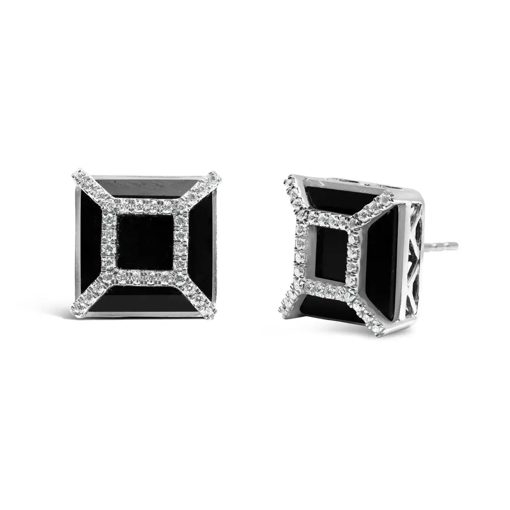 14k white gold 11mm cushion black onyx and 3/8ct diamond halo studs bijoux-nyc direct