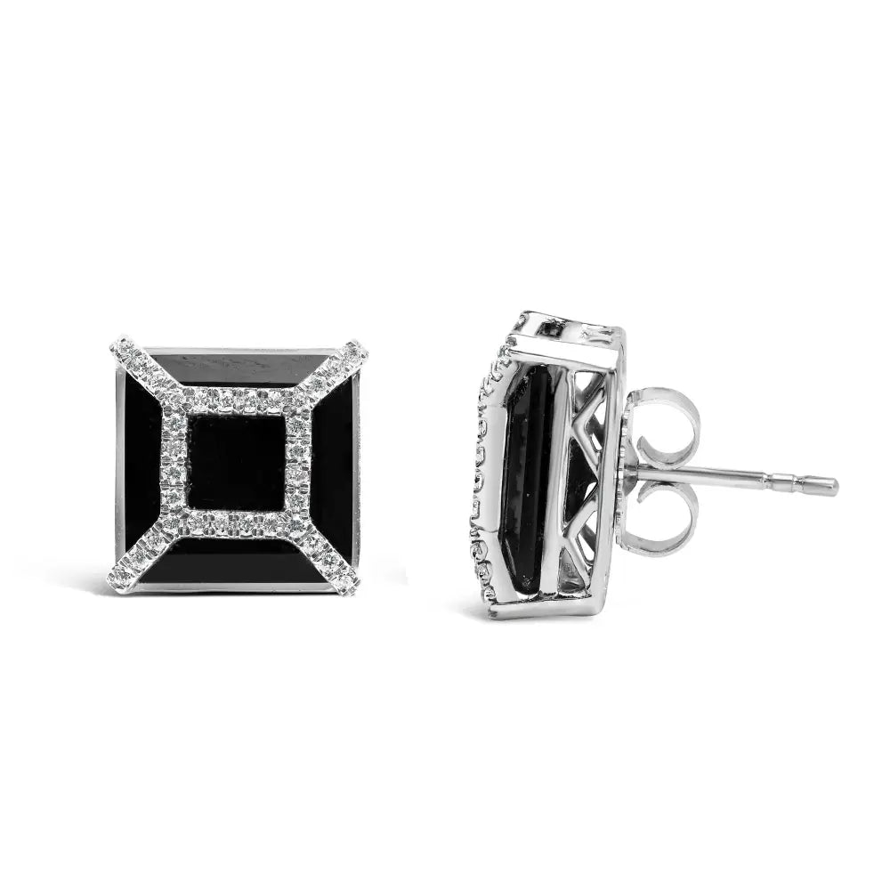 14k white gold 11mm cushion black onyx and 3/8ct diamond halo studs bijoux-nyc direct