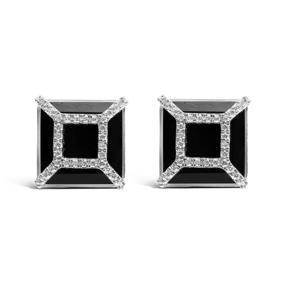14K White Gold 3/8ct Diamond with 11x11MM Black Onyx Stud Earrings (G-H Color, SI1-SI2 Clarity) - Bijoux-NYC Direct