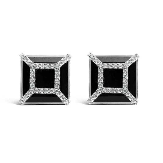 14K White Gold 3/8ct Diamond with 11x11MM Black Onyx Stud Earrings (G-H Color, SI1-SI2 Clarity) - Bijoux-NYC Direct