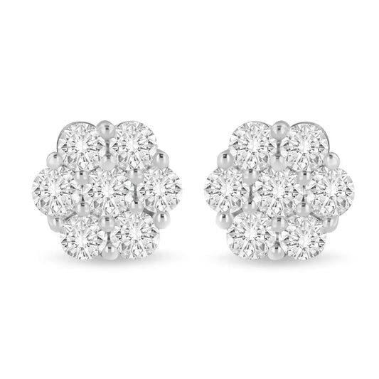 14K White Gold 3 cttw Prong Set Round-Cut Diamond Floral Cluster Stud Earring (I-J Color, SI1-SI2 Clarity) - Bijoux-NYC Direct