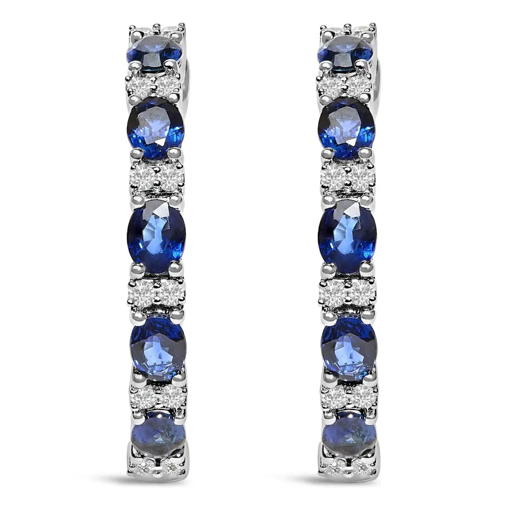 14k white gold oval sapphire and 1/4 cttw diamond alternating hoop earrings bijoux-nyc direct