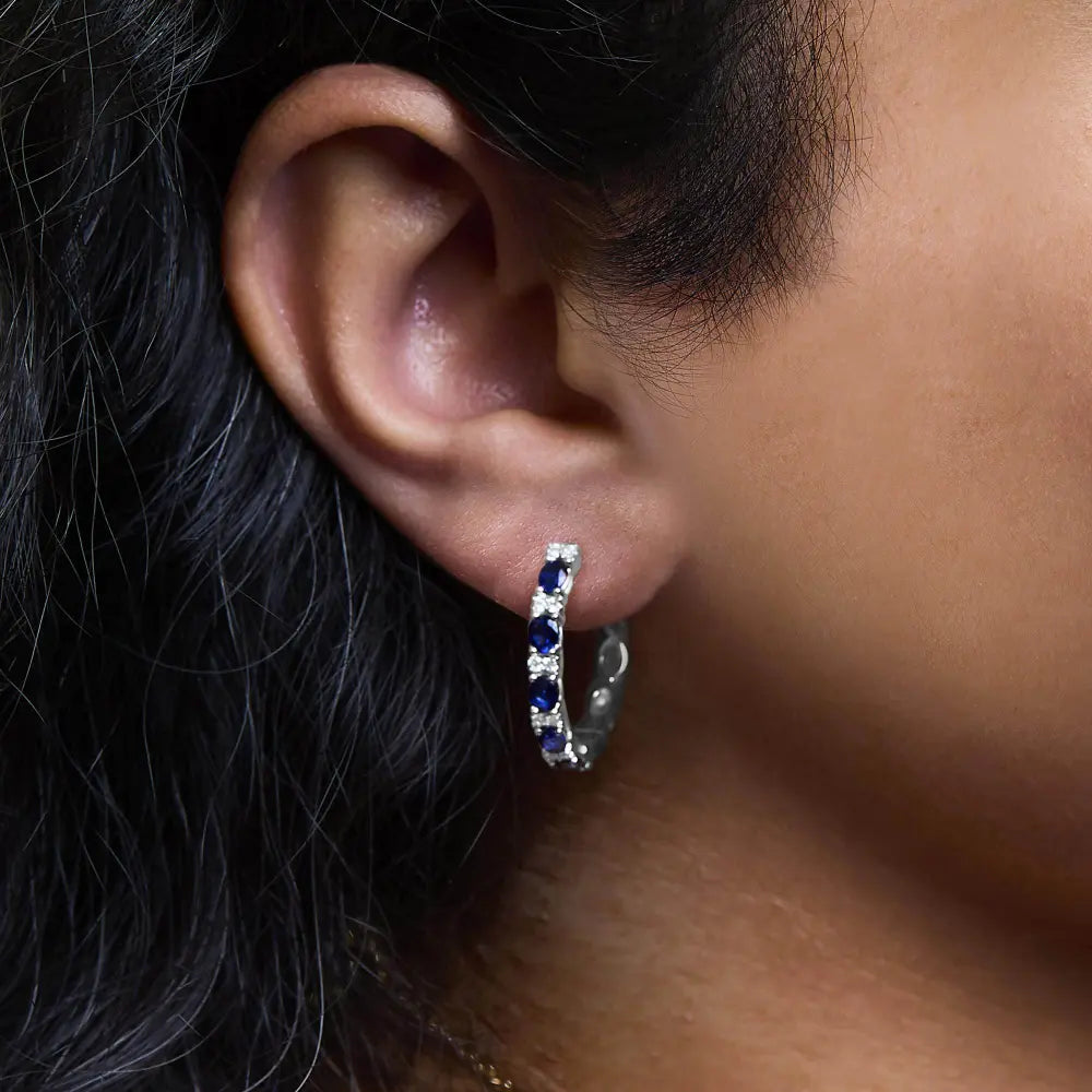 14K White Gold 4x3mm Oval Blue Sapphire and 1/4 Cttw Diamond Alternating Hoop Earring (I-J Color, SI2-I1 Clarity) - Bijoux-NYC Direct