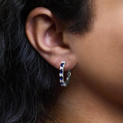 14K White Gold 4x3mm Oval Blue Sapphire and 1/4 Cttw Diamond Alternating Hoop Earring (I-J Color, SI2-I1 Clarity) - Bijoux-NYC Direct
