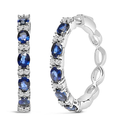 14K White Gold 4x3mm Oval Blue Sapphire and 1/4 Cttw Diamond Alternating Hoop Earring (I-J Color, SI2-I1 Clarity) - Bijoux-NYC Direct