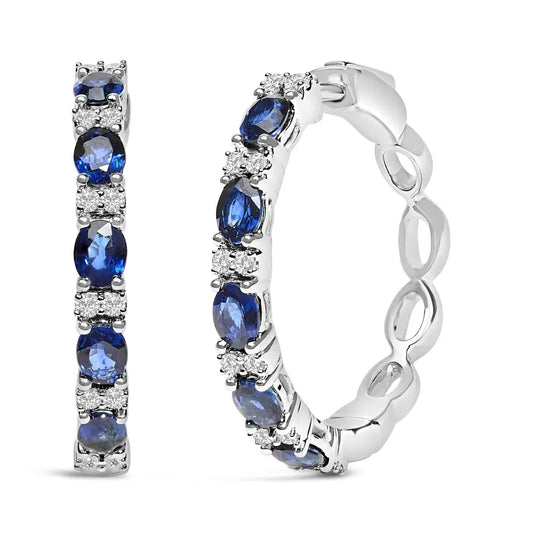 14K White Gold 4x3mm Oval Blue Sapphire and 1/4 Cttw Diamond Alternating Hoop Earring (I-J Color, SI2-I1 Clarity) - Bijoux-NYC Direct