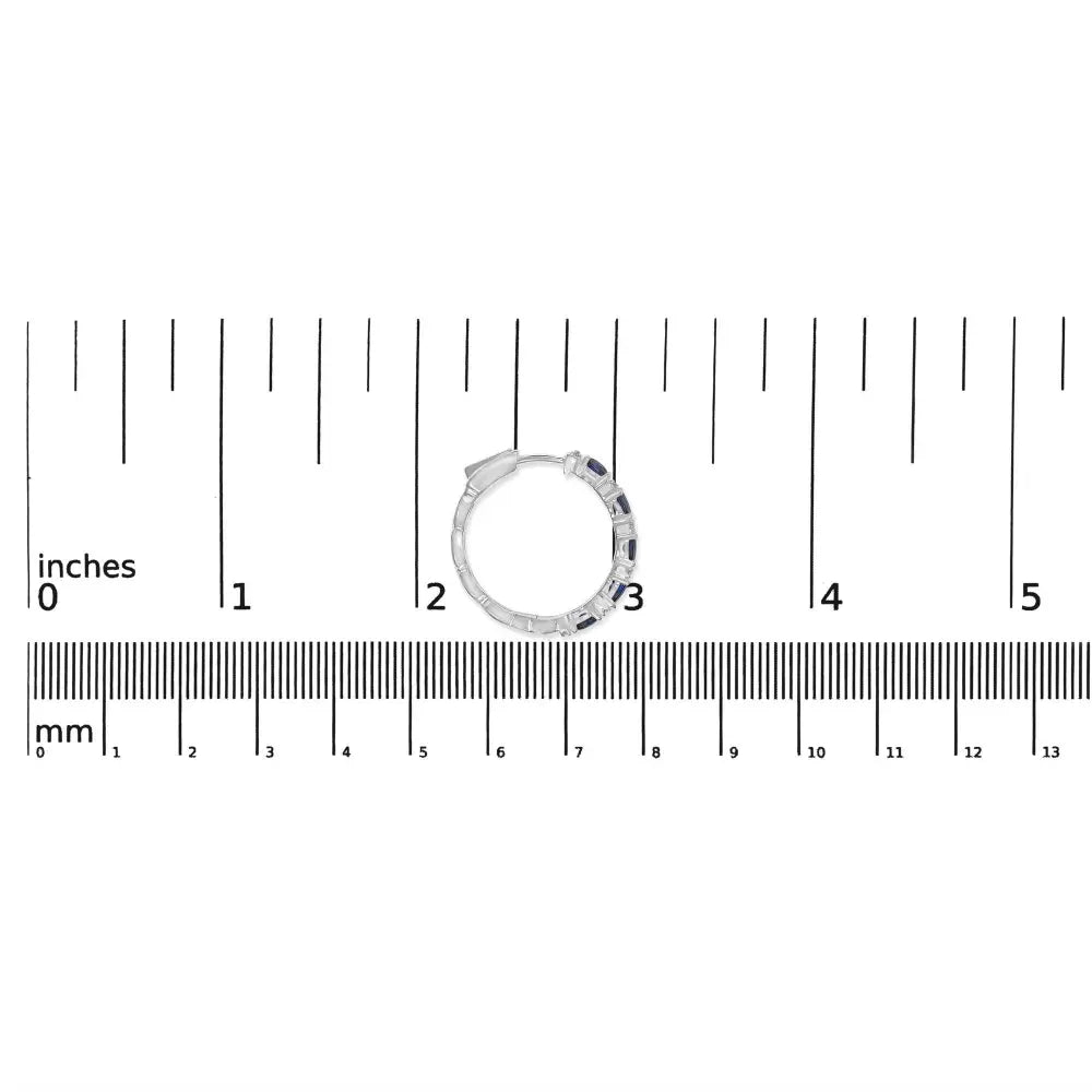 14K White Gold 4x3mm Oval Blue Sapphire and 1/4 Cttw Diamond Alternating Hoop Earring (I-J Color, SI2-I1 Clarity) - Bijoux-NYC Direct