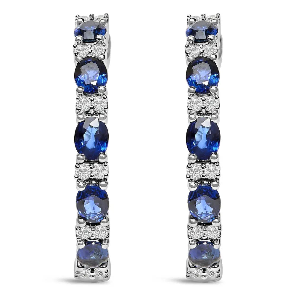 14K White Gold 4x3mm Oval Blue Sapphire and 1/4 Cttw Diamond Alternating Hoop Earring (I-J Color, SI2-I1 Clarity) - Bijoux-NYC Direct