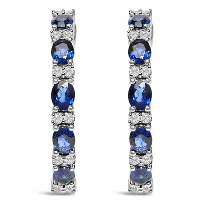 14K White Gold 4x3mm Oval Blue Sapphire and 1/4 Cttw Diamond Alternating Hoop Earring (I-J Color, SI2-I1 Clarity) - Bijoux-NYC Direct