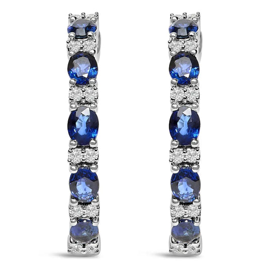14K White Gold 4x3mm Oval Blue Sapphire and 1/4 Cttw Diamond Alternating Hoop Earring (I-J Color, SI2-I1 Clarity) - Bijoux-NYC Direct