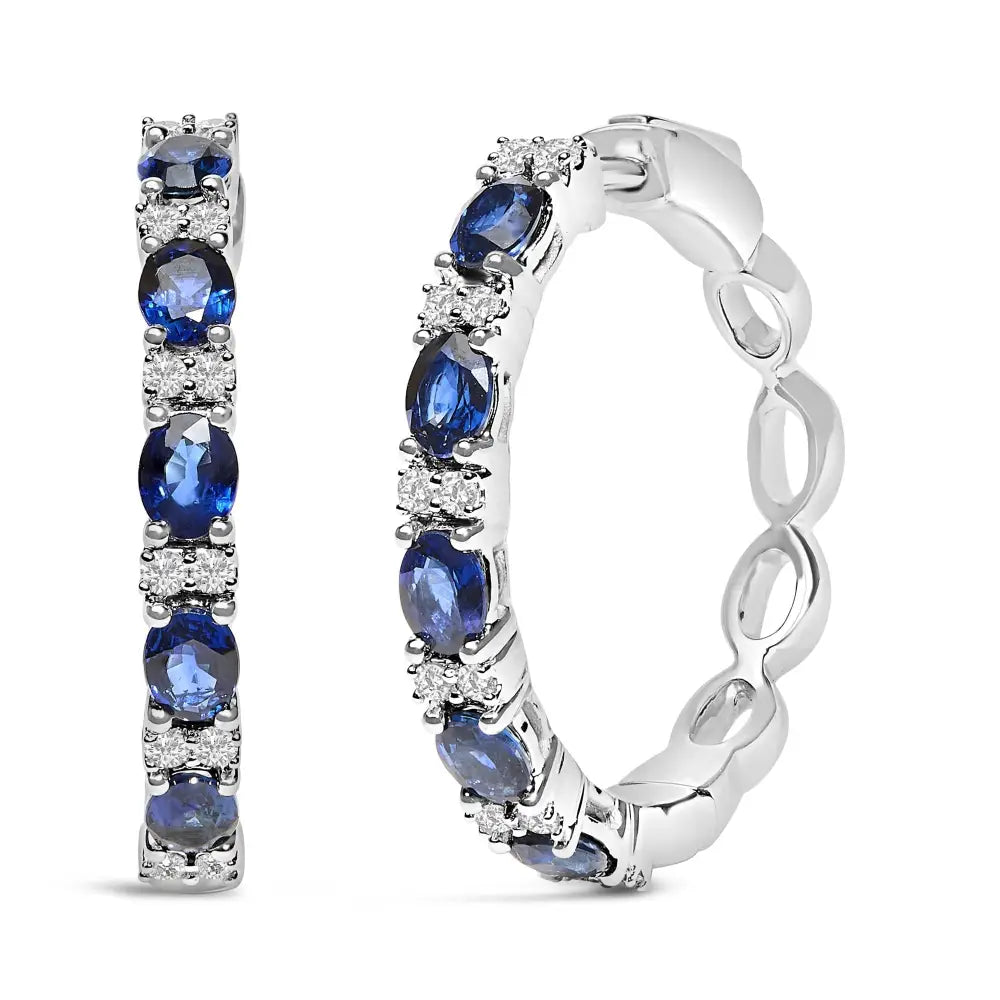 14k white gold oval sapphire and 1/4 cttw diamond alternating hoop earrings bijoux-nyc direct