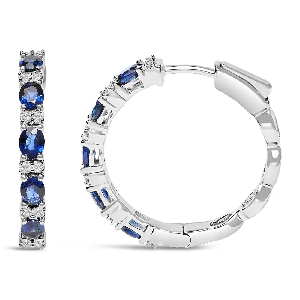 14K White Gold 4x3mm Oval Blue Sapphire and 1/4 Cttw Diamond Alternating Hoop Earring (I-J Color, SI2-I1 Clarity) - Bijoux-NYC Direct