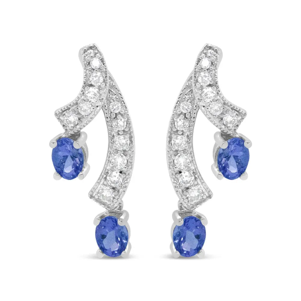 14K White Gold 4x3MM Oval Shaped Natural Blue Tanzanite Gemstone and 1/5 Cttw Diamond Double 3/4" Inch Drop Stud Earrings (H-I Color, VS1-VS2 Clarity) - Bijoux-NYC Direct