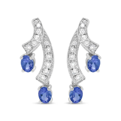 14K White Gold 4x3MM Oval Shaped Natural Blue Tanzanite Gemstone and 1/5 Cttw Diamond Double 3/4" Inch Drop Stud Earrings (H-I Color, VS1-VS2 Clarity) - Bijoux-NYC Direct