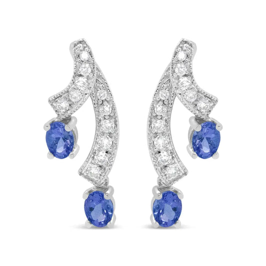 14K White Gold 4x3MM Oval Shaped Natural Blue Tanzanite Gemstone and 1/5 Cttw Diamond Double 3/4" Inch Drop Stud Earrings (H-I Color, VS1-VS2 Clarity) - Bijoux-NYC Direct