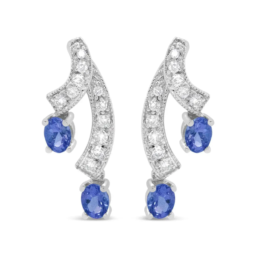 14k white gold oval tanzanite and 1/5 cttw diamond ribbon drop earrings bijoux-nyc direct