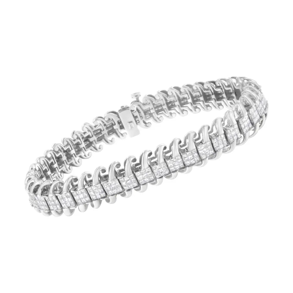 14K White Gold 5.0 Cttw Princess Cut Diamond 7" Invisible Set Wavy S-Link Tennis Bracelet (G-H Color, SI1-SI2 Clarity) - Bijoux-NYC Direct
