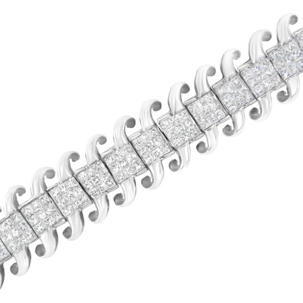 14K White Gold 5.0 Cttw Princess Cut Diamond 7" Invisible Set Wavy S-Link Tennis Bracelet (G-H Color, SI1-SI2 Clarity) - Bijoux-NYC Direct