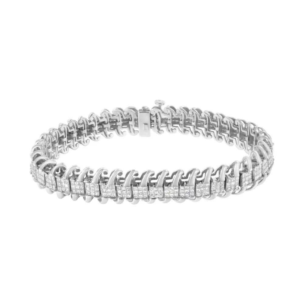 14K White Gold 5.0 Cttw Princess Cut Diamond 7" Invisible Set Wavy S-Link Tennis Bracelet (G-H Color, SI1-SI2 Clarity) - Bijoux-NYC Direct