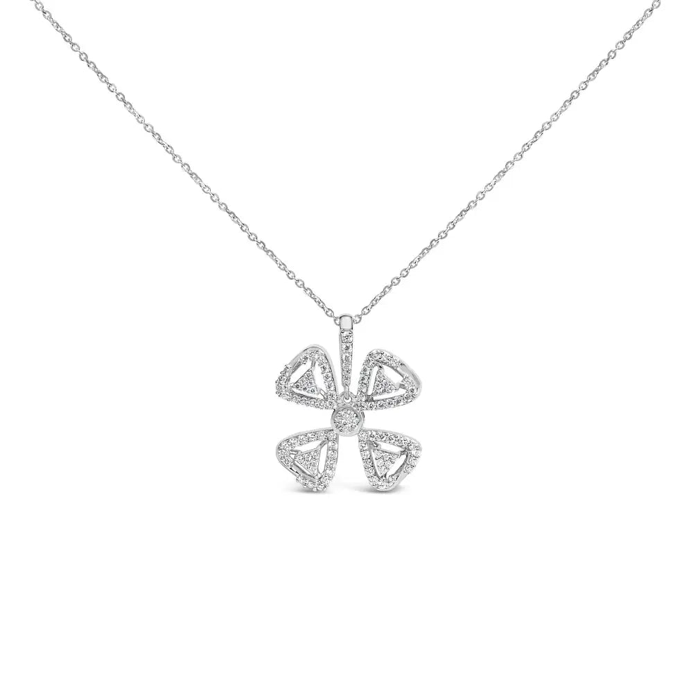 14k white gold 5/8 cttw diamond four leaf floral pendant necklace 18 inch bijoux-nyc direct