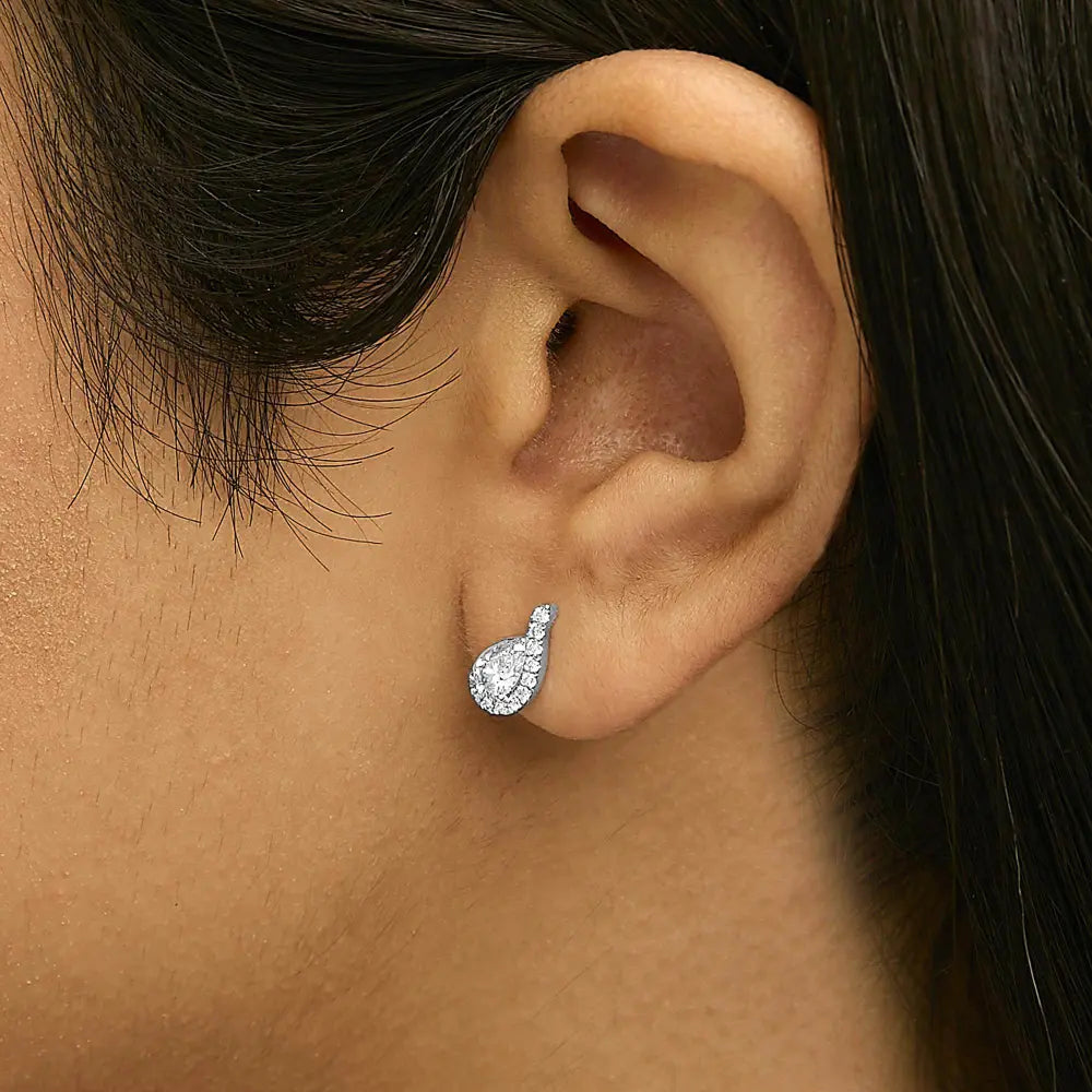 14K White Gold 5/8 Cttw Lab Grown Diamond Tear Drop Halo Stud Earring - Bijoux-NYC Direct
