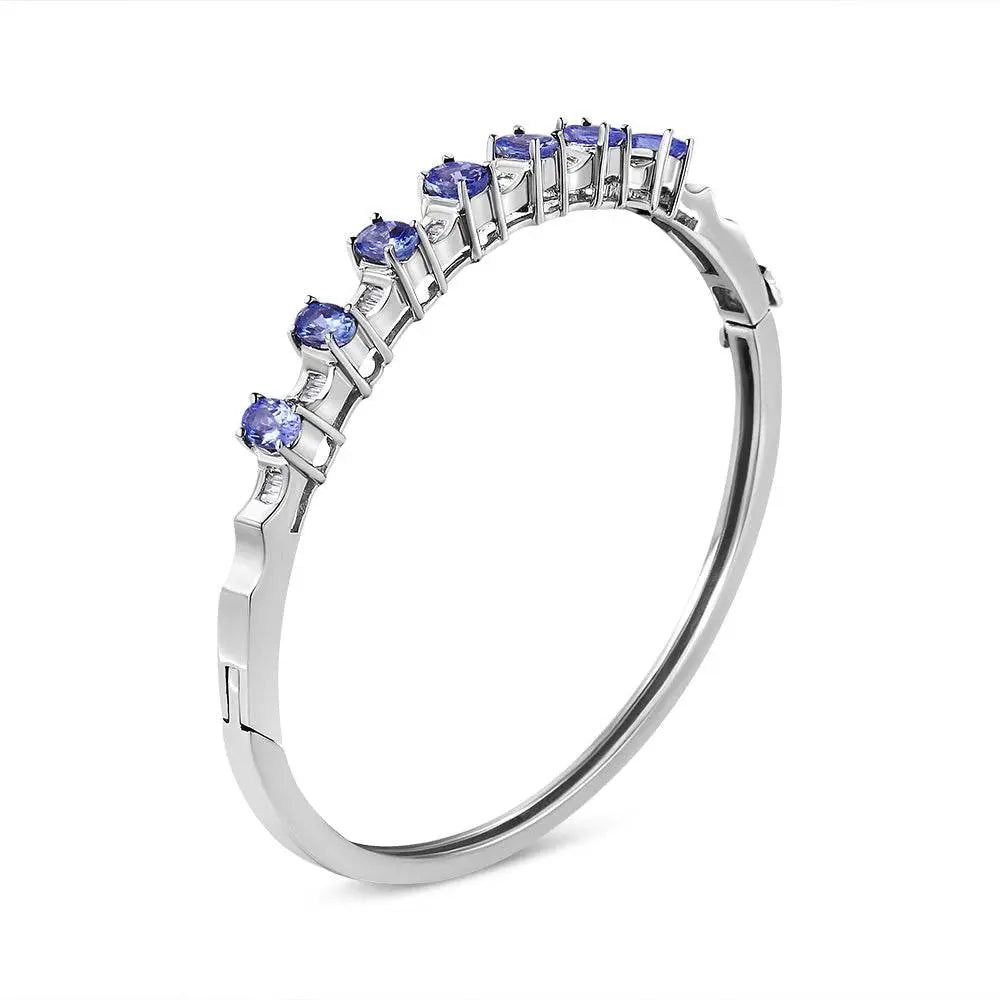 14K White Gold 5 MM Oval Blue Tanzanite and 1/4 Cttw Diamond Bangle (H-I Color, VS2-SI1 Clarity) - Fits wrists up to 7 1/2 Inches - Bijoux-NYC Direct