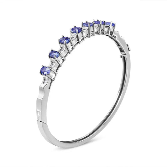 14K White Gold 5 MM Oval Blue Tanzanite and 1/4 Cttw Diamond Bangle (H-I Color, VS2-SI1 Clarity) - Fits wrists up to 7 1/2 Inches - Bijoux-NYC Direct