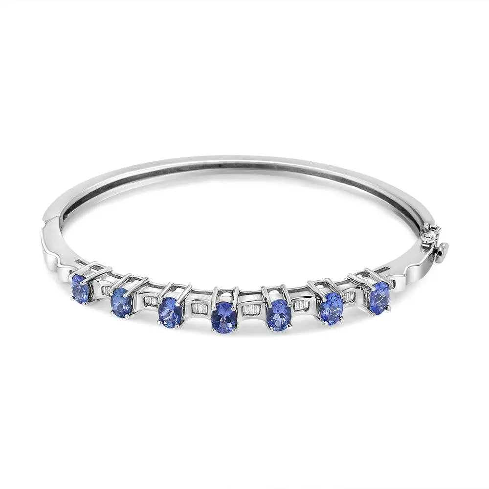14K White Gold 5 MM Oval Blue Tanzanite and 1/4 Cttw Diamond Bangle (H-I Color, VS2-SI1 Clarity) - Fits wrists up to 7 1/2 Inches - Bijoux-NYC Direct