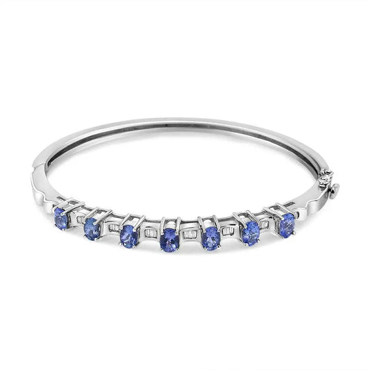 14K White Gold 5 MM Oval Blue Tanzanite and 1/4 Cttw Diamond Bangle (H-I Color, VS2-SI1 Clarity) - Fits wrists up to 7 1/2 Inches - Bijoux-NYC Direct