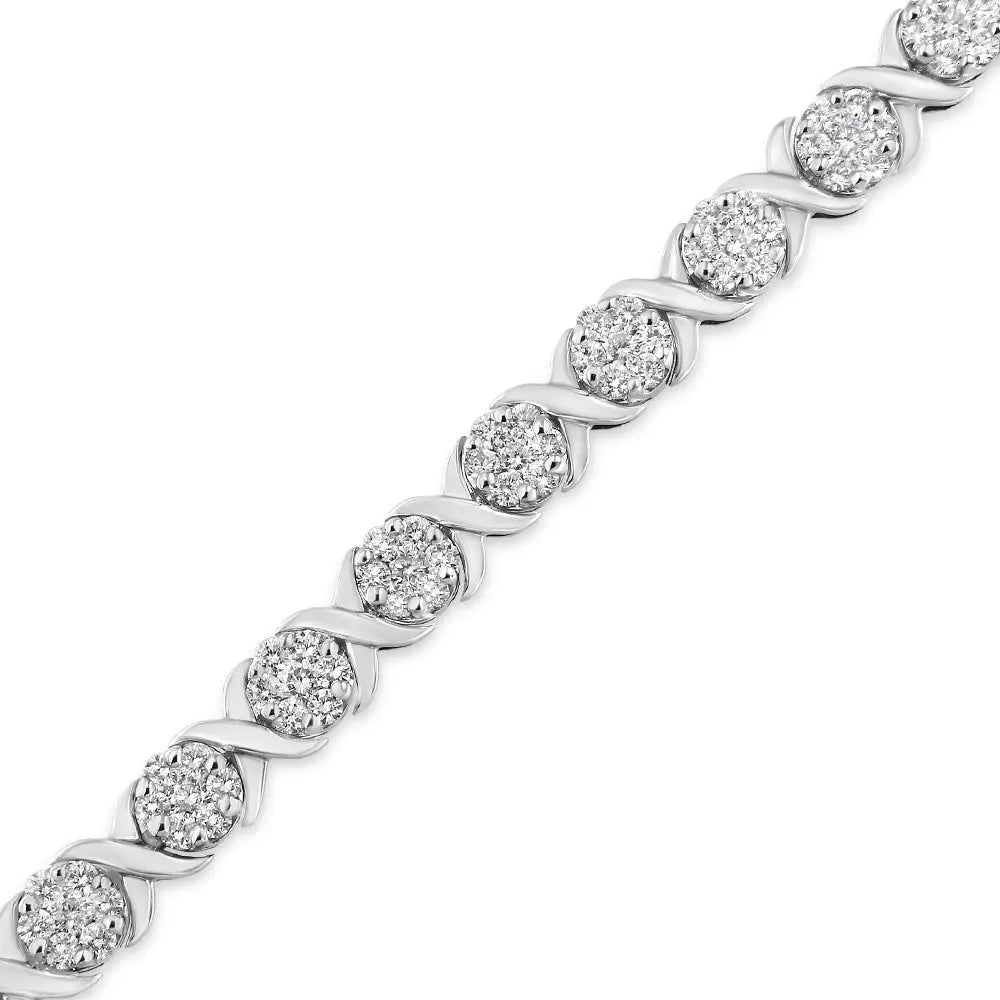 14K White Gold 6-1/3 Cttw Round Brilliant-Cut Diamond Round Cluster & X-Link 7" Tennis Bracelet (I-J Color, SI2-I1 Clarity) - Bijoux-NYC Direct
