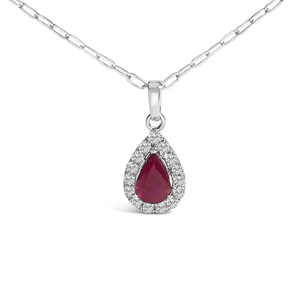 14k white gold pear ruby and diamond halo paperclip necklace 18 bijoux-nyc direct