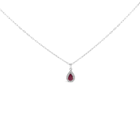 14k white gold 6x4 pear red ruby and diamond halo pendant necklace 18’’ inches necklaces/pendant/pendant handcrafted