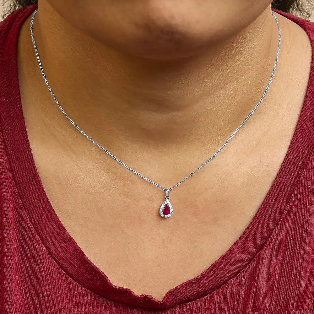 14k white gold pear ruby and diamond halo paperclip necklace 18 bijoux-nyc direct