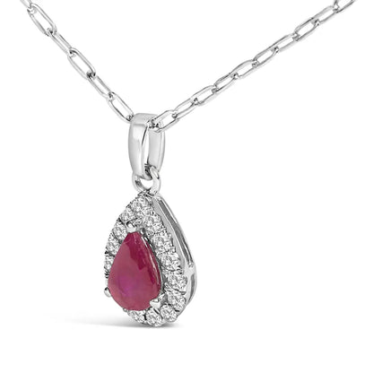 14k white gold 6x4 pear red ruby and diamond halo pendant necklace 18’’ inches necklaces/pendant/pendant handcrafted