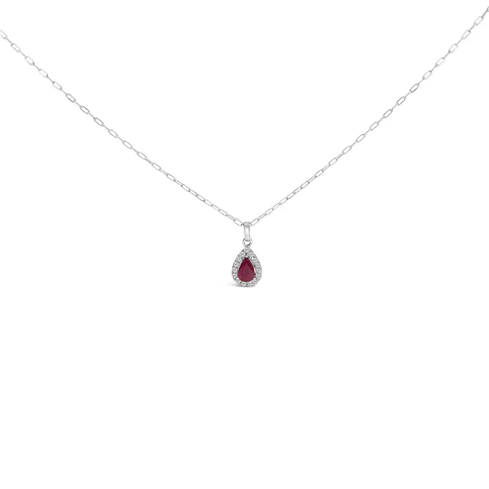 14k white gold pear ruby and diamond halo paperclip necklace 18 bijoux-nyc direct